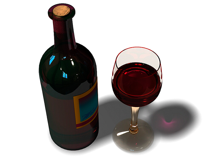 Una botella y una copa de vino tinto.