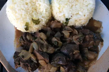 Higaditos de pollo encebollados con arroz blanco moldeado.