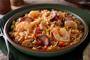 Jambalaya con gambas y salchchas.
