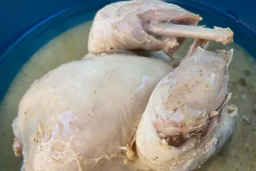 Una perdiz en escabeche en una fuente de servir de loza de color azul.