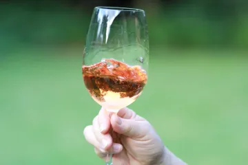 Momento en el que se agita el vino en la copa durante una cata de vinos.