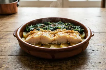 Bacalao al estilo de Alcántara en cazuela de barro.
