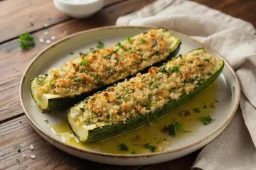 Calabacines al horno con pan rallado dorado, ajo, perejil y aceite de oliva en plato rústico.