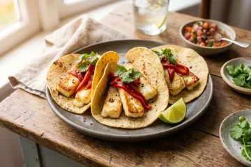 Tacos con queso blando a la plancha, pimientos asados, cilantro y limón en un plato, acompañados de salsa y hierbas.