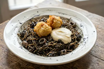 Fideuá negra con tinta de calamar, bolitas de pescado rebozado y alioli servida en plato blanco.
