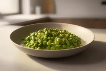Plato hondo de guisantes en salsa verde, con trozos de cebolla y hierbas frescas picadas por encima, sobre una encimera clara.