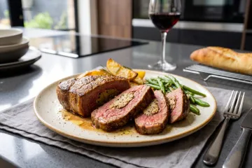 Filete de cadera relleno de paté, cortado en rodajas que dejan ver el relleno, servido con patatas asadas en gajos y judías verdes, con una copa de vino tinto y una baguette al fondo, en una cocina moderna.