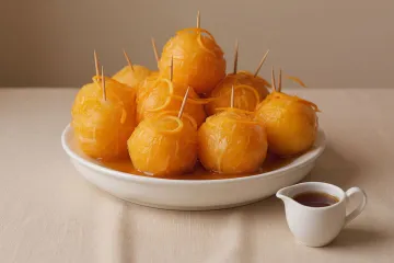 Una fuente de servir con narannas de fiesta, naranjas en rodajas, reconstruidas y servidas con almíbar al brandy.