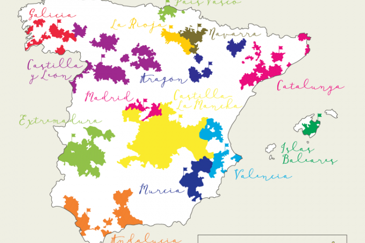Mapa con las regiones vinícolas de España.
