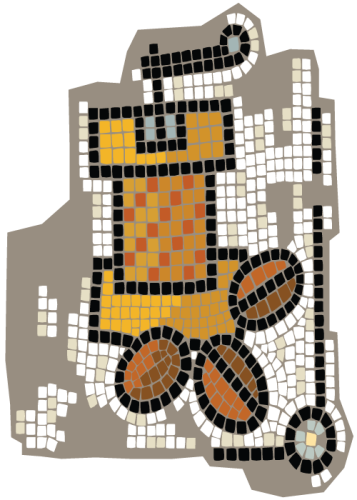 Un mosaico representando un molinillo de café manual rodeado de granos de café tostados.