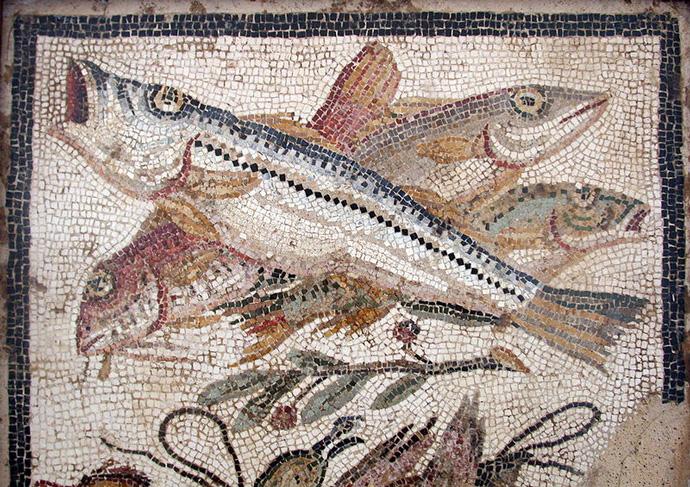 Mosaico de pescado encontrado en Pompeya.