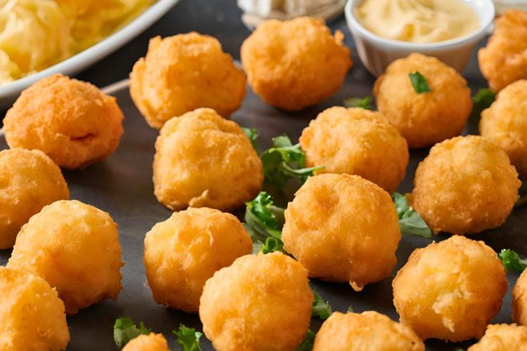 Bolitas de queso rebozadas en masa acompañadas de mayonesa al ajo.