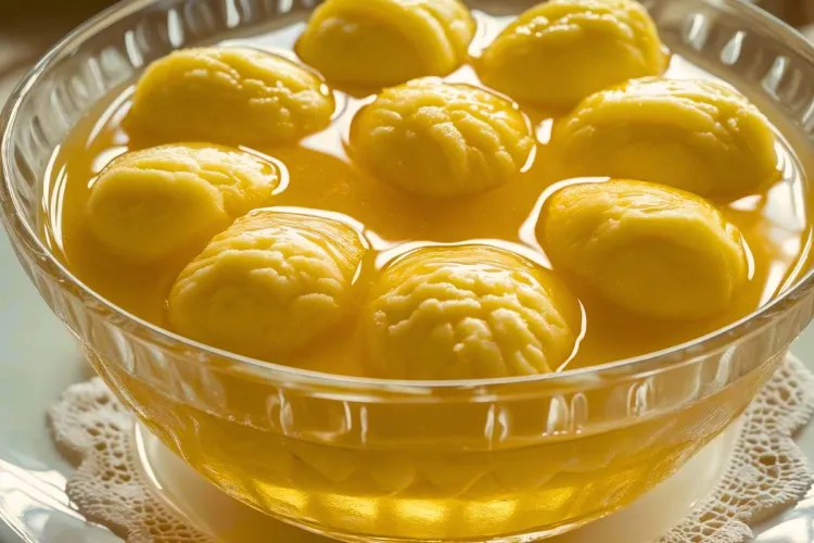 Huevos chimbos sumergidos en almíbar y servidos en cuenco de cristal.