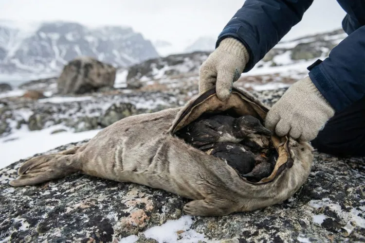 Kiviac, pájaros pequeños fermentados dentro de una piel de foca - imagen generada por IA.