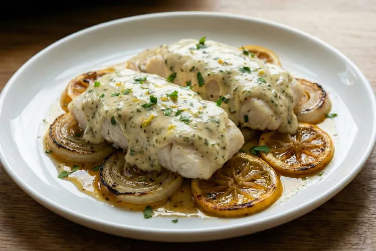 Dos piezas de pescado al horno con salsa cremosa de hierbas sobre rodajas de cebolla y limón. Imagen sintética.