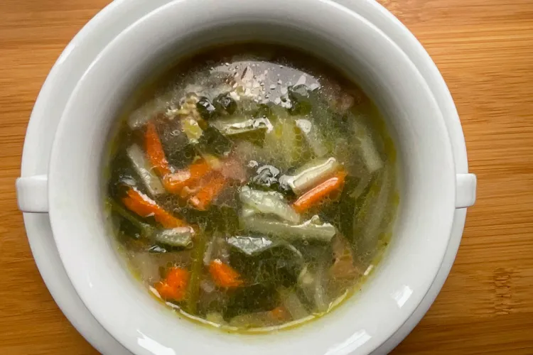 Un tazón de sopa de verduras cortadas en juliana, sopa juliana.