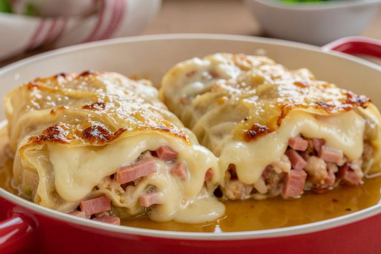 Una fuente individual con dos paquetitos de repollo relleno  de bechamel gratinado.