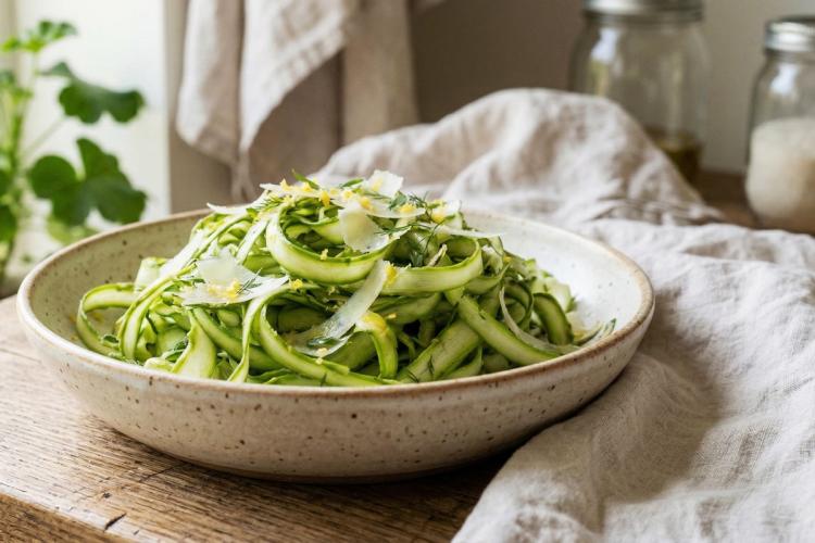 Una ensalada casera de espárragos laminados, con finas cintas de espárragos verdes frescos y crudos, apilados de forma natural en un tazón rústico de cerámica, adornados con delicado queso parmesano rallado y ralladura de limón