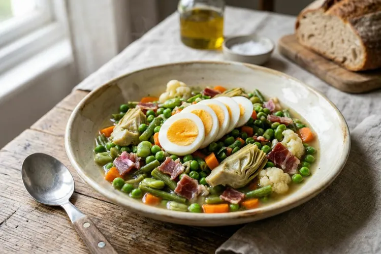 Plato de menestra de verduras realista con guisantes, judías verdes, habas tiernas, zanahoria, alcachofa, coliflor y taquitos de jamón, decorada con rodajas de huevo duro.