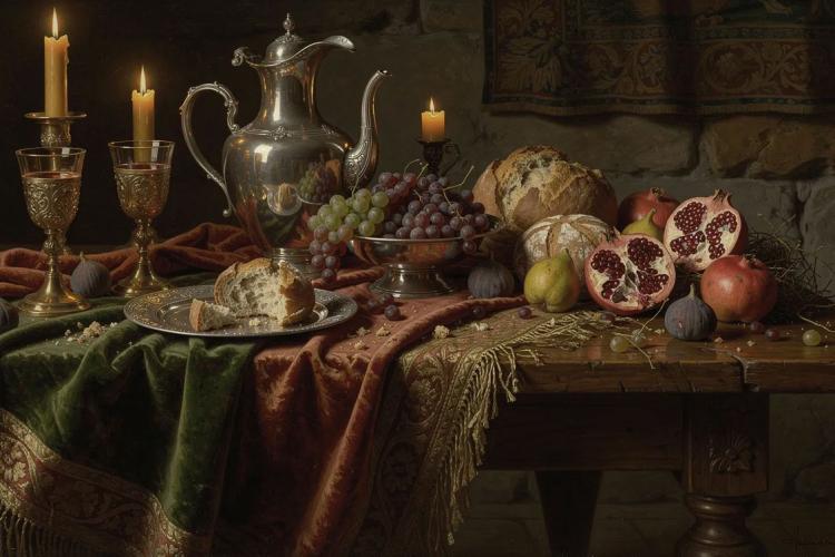 Naturaleza muerta renacentista con pan, uvas, granadas, peras, higos, velas y jarra metálica sobre una mesa con telas ornamentadas