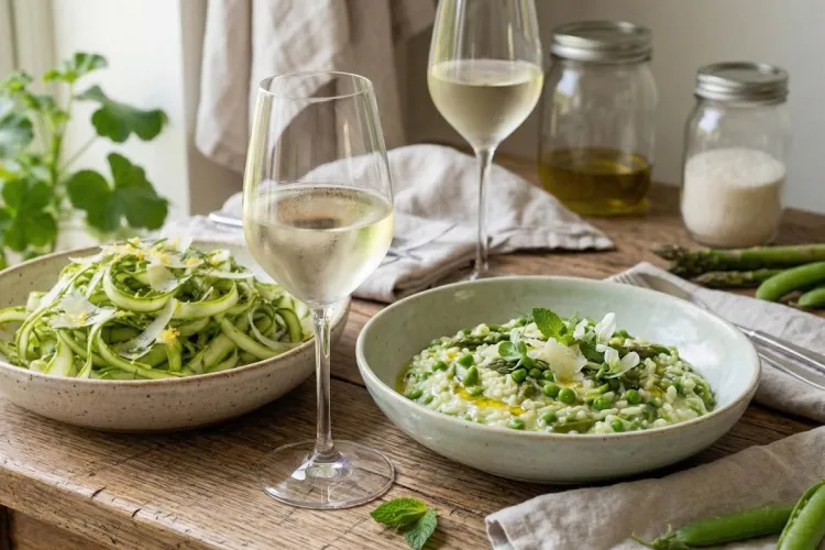 Mesa rústica con verduras de primavera, un risotto de guisantes y ensalada de tiras de espárragos, acompañadas de dos copas de vino blanco.