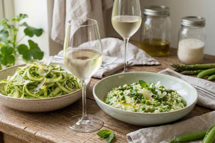 Mesa rústica con verduras de primavera, un risotto de guisantes y ensalada de tiras de espárragos, acompañadas de dos copas de vino blanco.