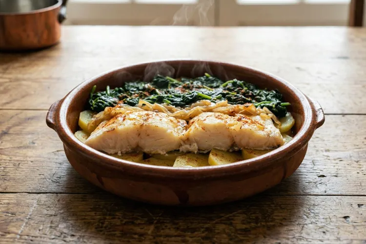 Fuente de barro con bacalao al estilo de Alcántara: lomos de bacalao sobre rodajas de patata, cebolla pochada y espinacas, con pimentón y un ligero acabado dorado.
