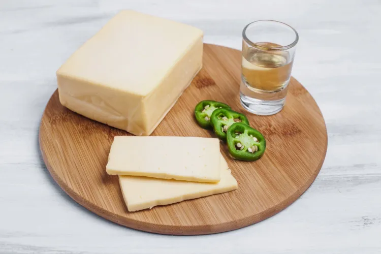 Bloque y rebanadas de queso chihuahua sobre una tabla redonda de madera, acompañados de rodajas de jalapeño y un vaso pequeño con tequila.