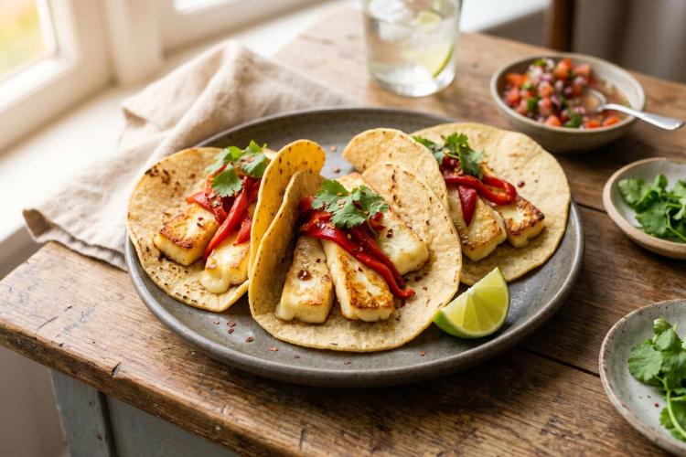Tacos con queso blando a la plancha, pimientos asados, cilantro y limón en un plato, acompañados de salsa y hierbas.