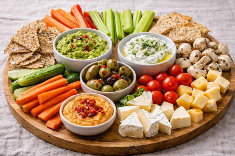 Tabla de aperitivos vegetarianos con verduras frescas, tomates cherry, champiñones, aceitunas, quesos variados, crackers y varios dips en cuencos.