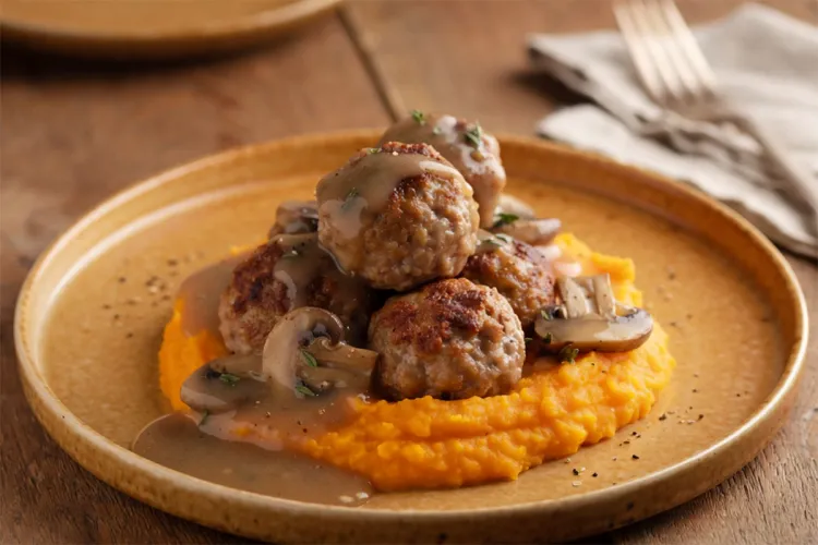 Albóndigas doradas con salsa de champiñones sobre puré de batata naranja, servidas en un plato rústico.