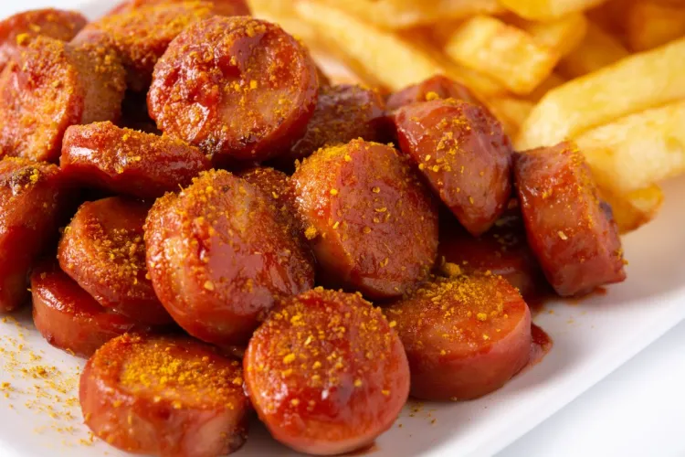 Salchicha alemana al curry, o currywurst, cortada en rodajas y servida con patatas fritas