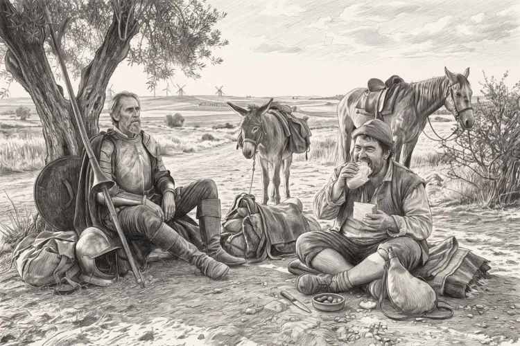 Ilustración a lápiz de Don Quijote, sentado pensativo bajo un olivo con su armadura y lanza, y Sancho Panza comiendo pan con apetito junto a él, con un burro y un caballo de fondo en un paisaje manchego con molinos de viento.