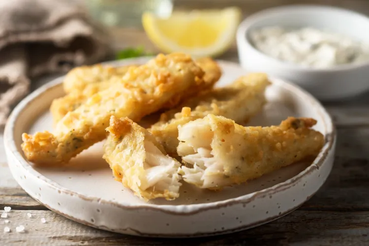 Varitas de pescado rebozadas y fritas, doradas y crujientes, sobre un plato blanco con un limón y una salsa tártara al fondo.