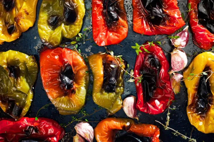 Pimientos rojos, amarillos, verdes y naranjas asados y pelados sobre una bandeja oscura, con dientes de ajo, ramitas de tomillo y escamas de sal, vistos desde arriba