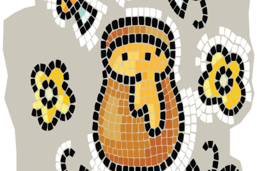 Mosaico con miel en una jarra,.