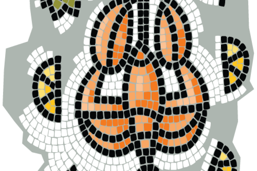 Una langosta rodeada de hojas, mosaico.