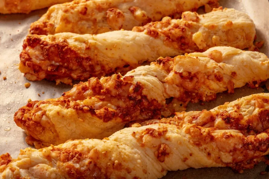 Palitos de queso de masa de hojaldre y forma retorcida.