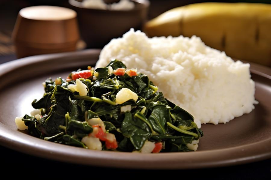 Sukuma wiki, o verduras de hoja verde guisadas, y ugali, o gachas de maíz espesas.