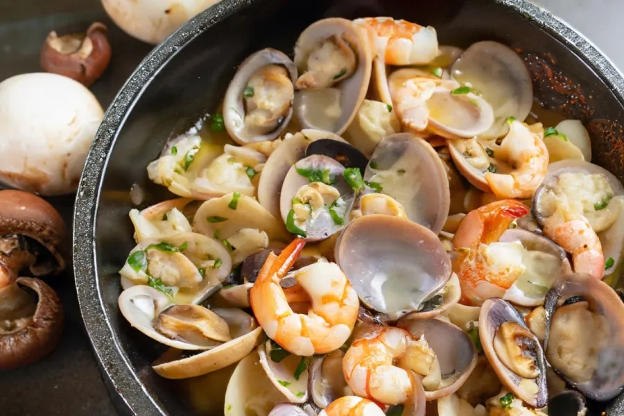 Sartenada de champiñones, almejas y langostinos, generada por IA.