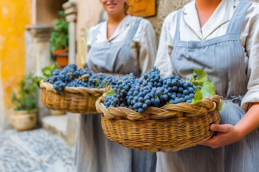 Dos mujeres, con traje tradicional, celebrando la Fiesta de la Uva en Italia.