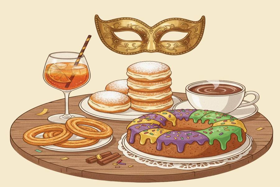 Una nostálgica ilustración de un póster de viaje vintage de los años 50. Una mesa rústica de madera con una variedad de dulces de Carnaval. en el fondo se ve una sutil y elegante máscara de carnaval.