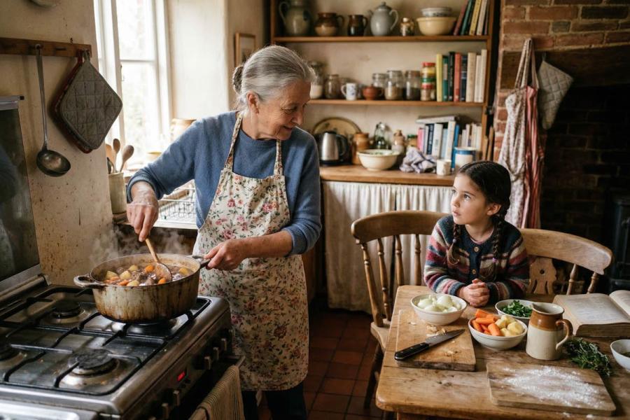Una abuela enseñando a su nieta a cocinar en una cocina hogareña cálida y ordinaria.