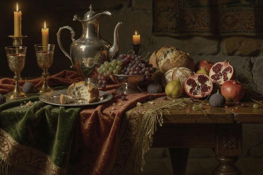 Naturaleza muerta renacentista con pan, uvas, granadas, peras, higos, velas y jarra metálica sobre una mesa con telas ornamentadas