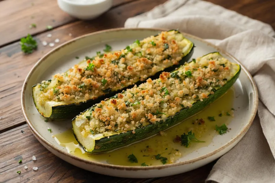 Calabacines al horno con pan rallado dorado, ajo, perejil y aceite de oliva en plato rústico.