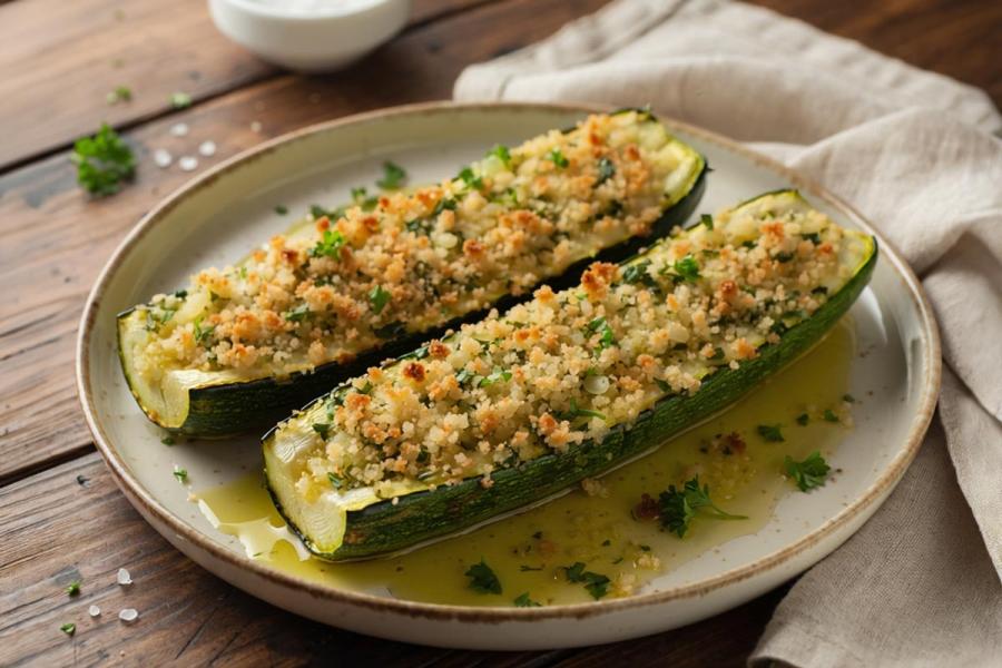 Calabacines al horno con pan rallado dorado, ajo, perejil y aceite de oliva en plato rústico.
