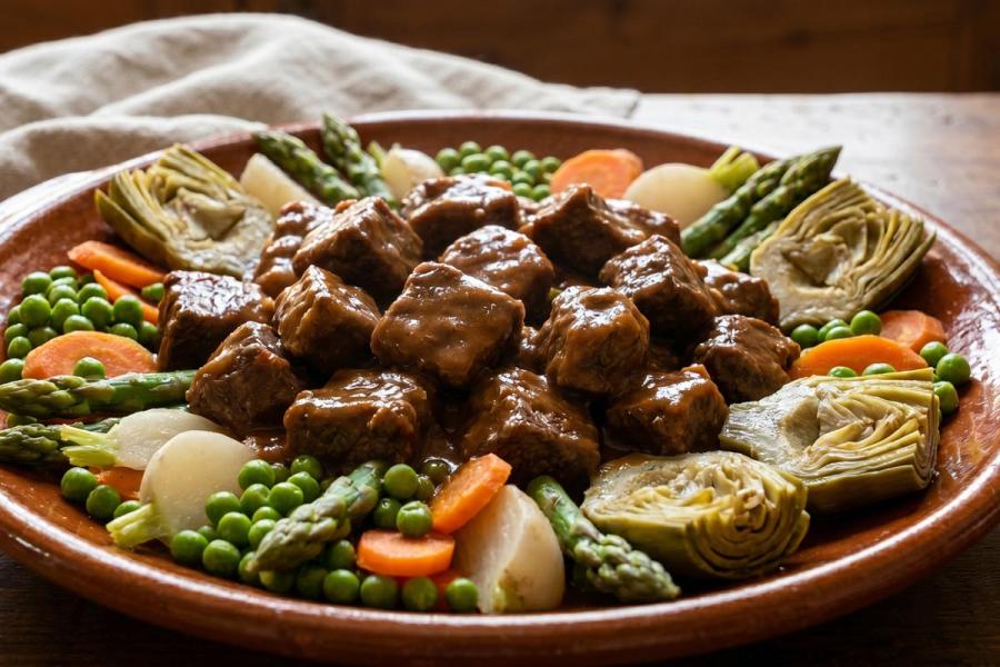 Aguja de ternera a la jardinera con salsa, acompañada de guisantes, zanahorias, nabos, espárragos y alcachofas.