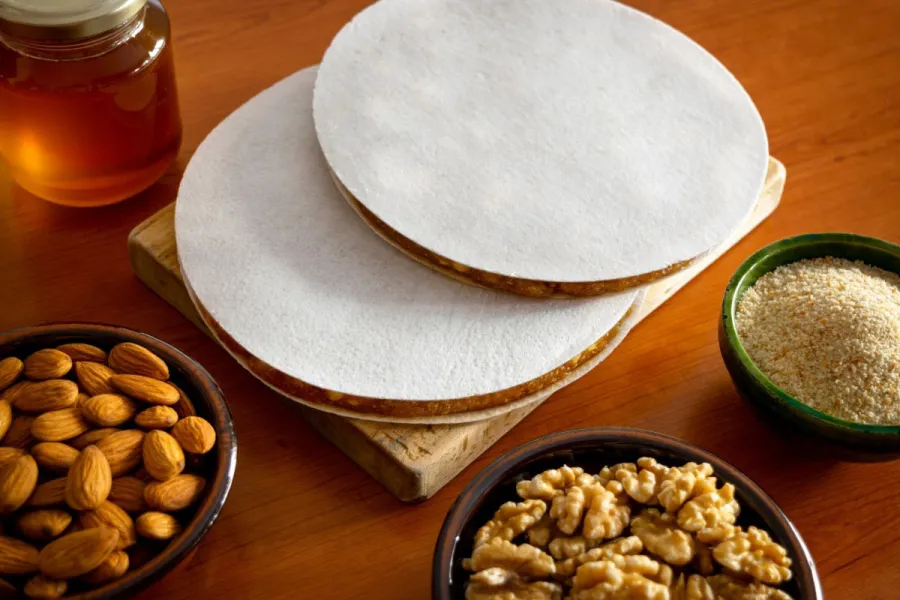 Tortas redondas de alajú cubiertas con oblea, junto a almendras, nueces, miel y pan rallado sobre una mesa de madera.