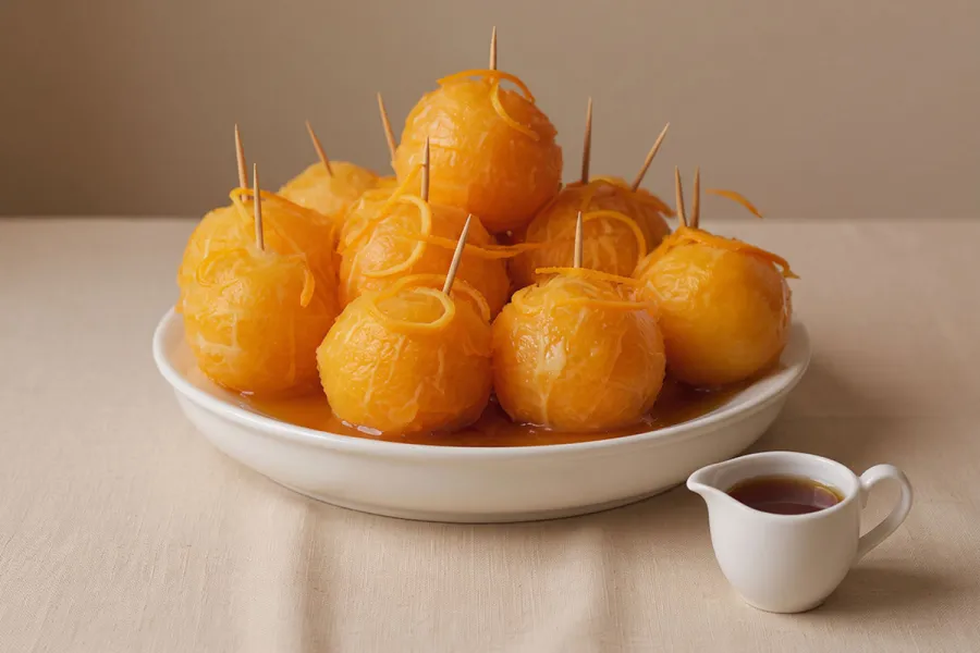 Una fuente de servir con narannas de fiesta, naranjas en rodajas, reconstruidas y servidas con almíbar al brandy.