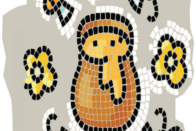 Mosaico con miel en una jarra,.